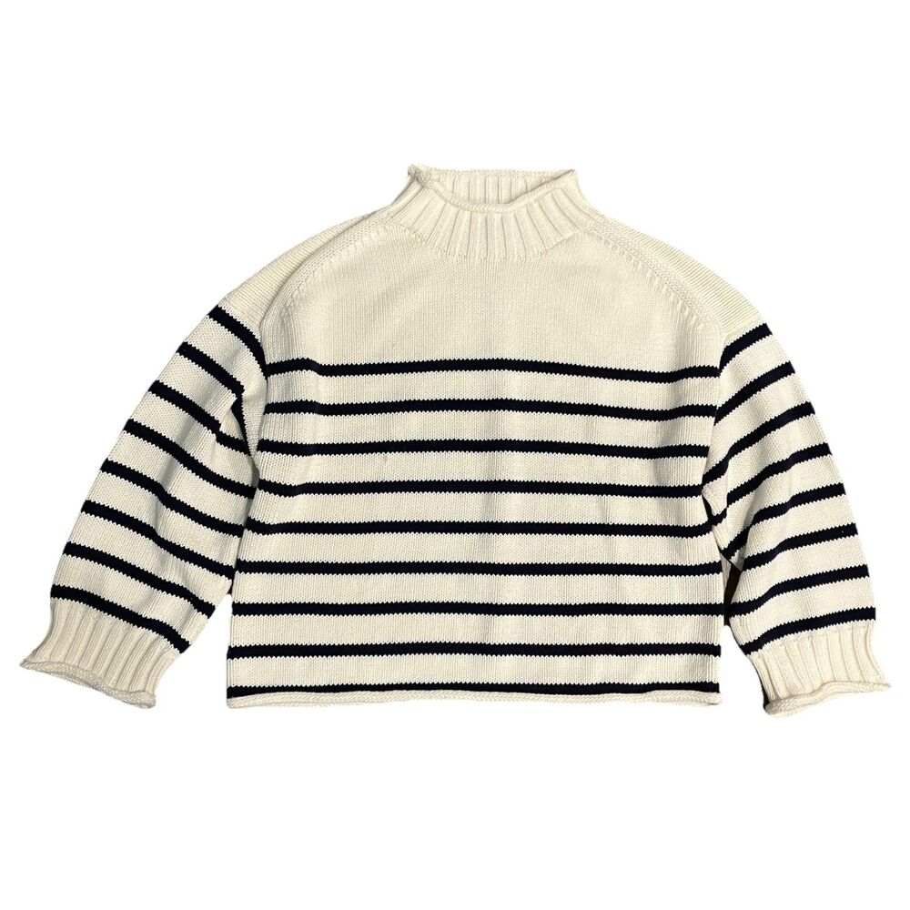 J.Crew 2025 Rollneck Sweater Womens L Ivory Navy Blue Striped Cotton Nautical - Picture 2 of 13